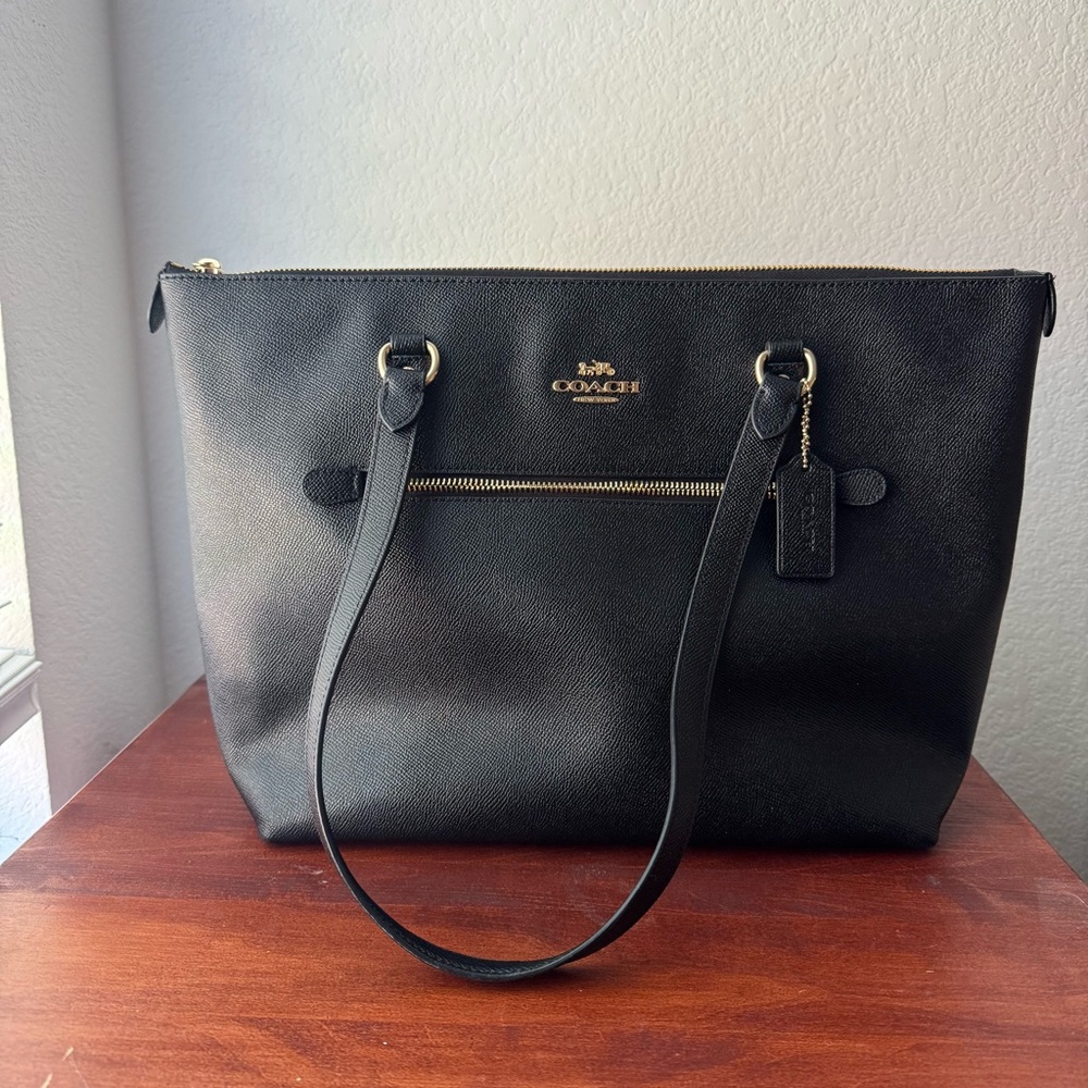Coach Black Leather Tote with Gold Accents